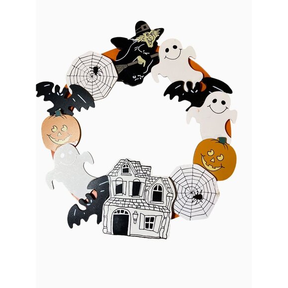 Halloween Wooden Door Wreath With Witch Ghosts & Spider Webs - Picture 1 of 10